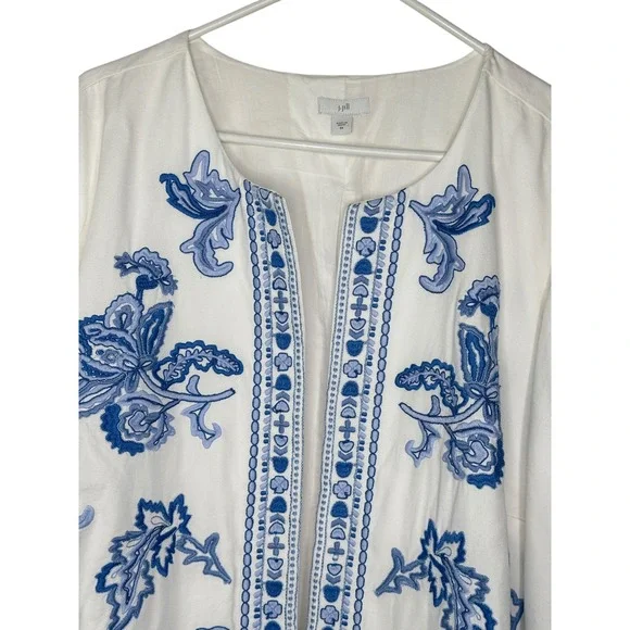 J. Jill Embroidered Open Front Jacket 2X White Blue Floral Cottage Coastal Boho - Picture 3 of 8